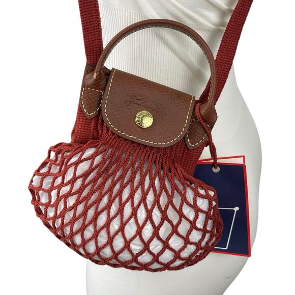 NEW Longchamp Le Pliage Filet Mesh Net Red Cross Body Shoulder Handbag Mini XS - Picture 3 of 12
